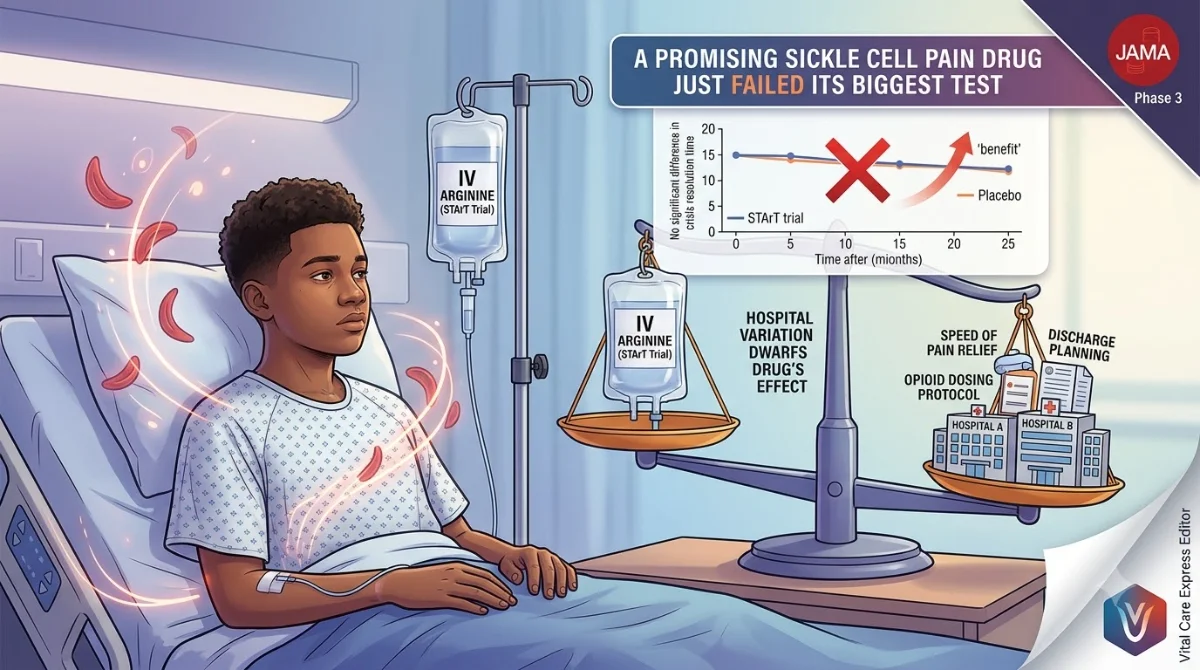 A phase 3 trial gave 271 children and young adults intravenous arginine during a sickle cell pain crisis and found it did not shorten the crisis at all, while the hospital a child landed in mattered far more than whether they got the drug